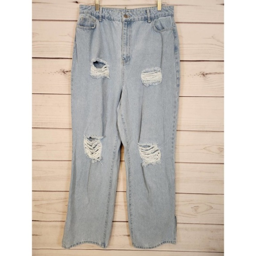 Boohoo Womens Blue Solid Cotton Distressed Hight Rise Straight Leg Jeans Size 12